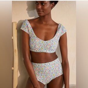 Boden paisley floral cap sleeve bikini swimsuit high waisted